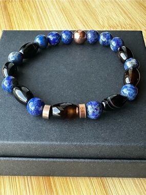 Hand Crafted Blue Lapis, Black Agate & Copper Men's Beaded Bracelet